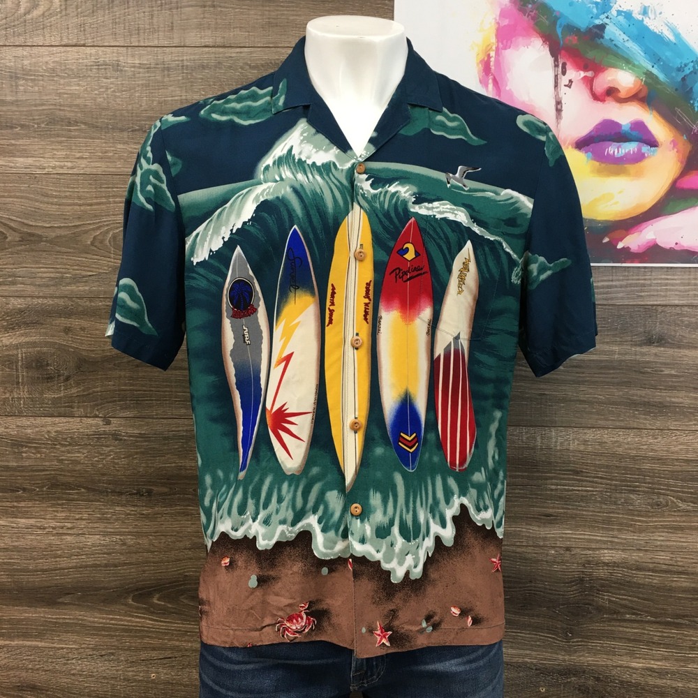 Paradise Found Surfboard‎ Hawaiian Shirt Beach Vacation Button Up Large
